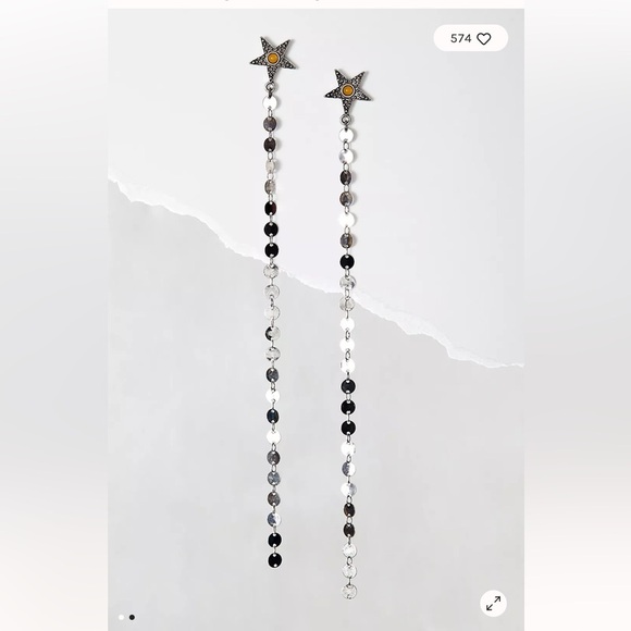 Free People Atlas Dangle Earrings Silver Tone Star Stud Earrings 8” Drop Disks - Picture 2 of 6